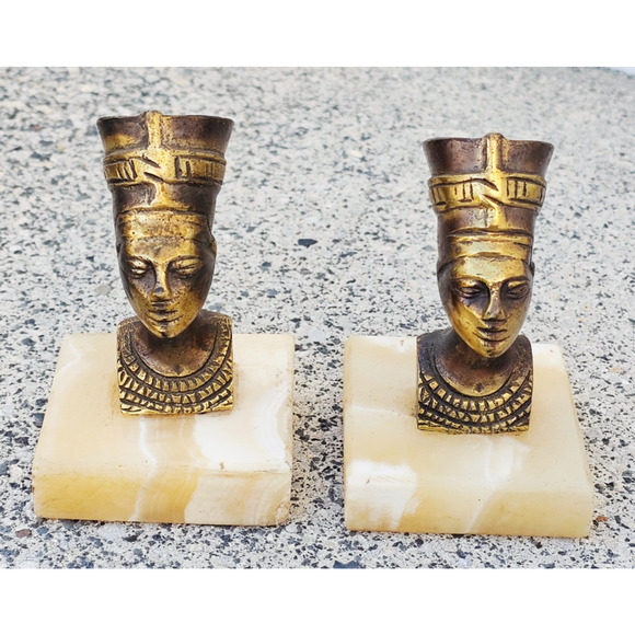 Set of2 Egyptian QUEEN NEFERTITI Bust Brass Sculpture MARBLE BASE 4.25" Tall - Picture 1 of 4